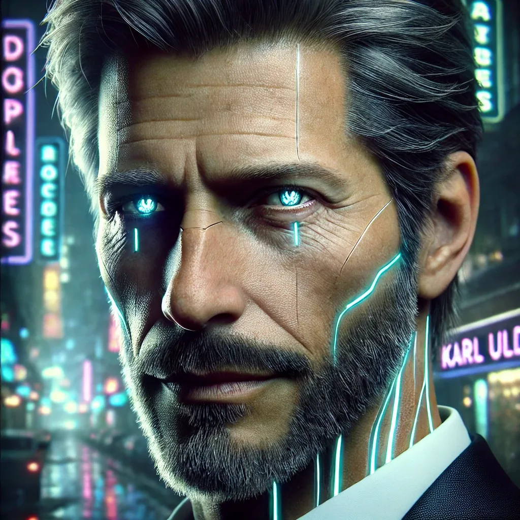 Self-portrait of Karl Ulde, half human half machine, city lights behind him