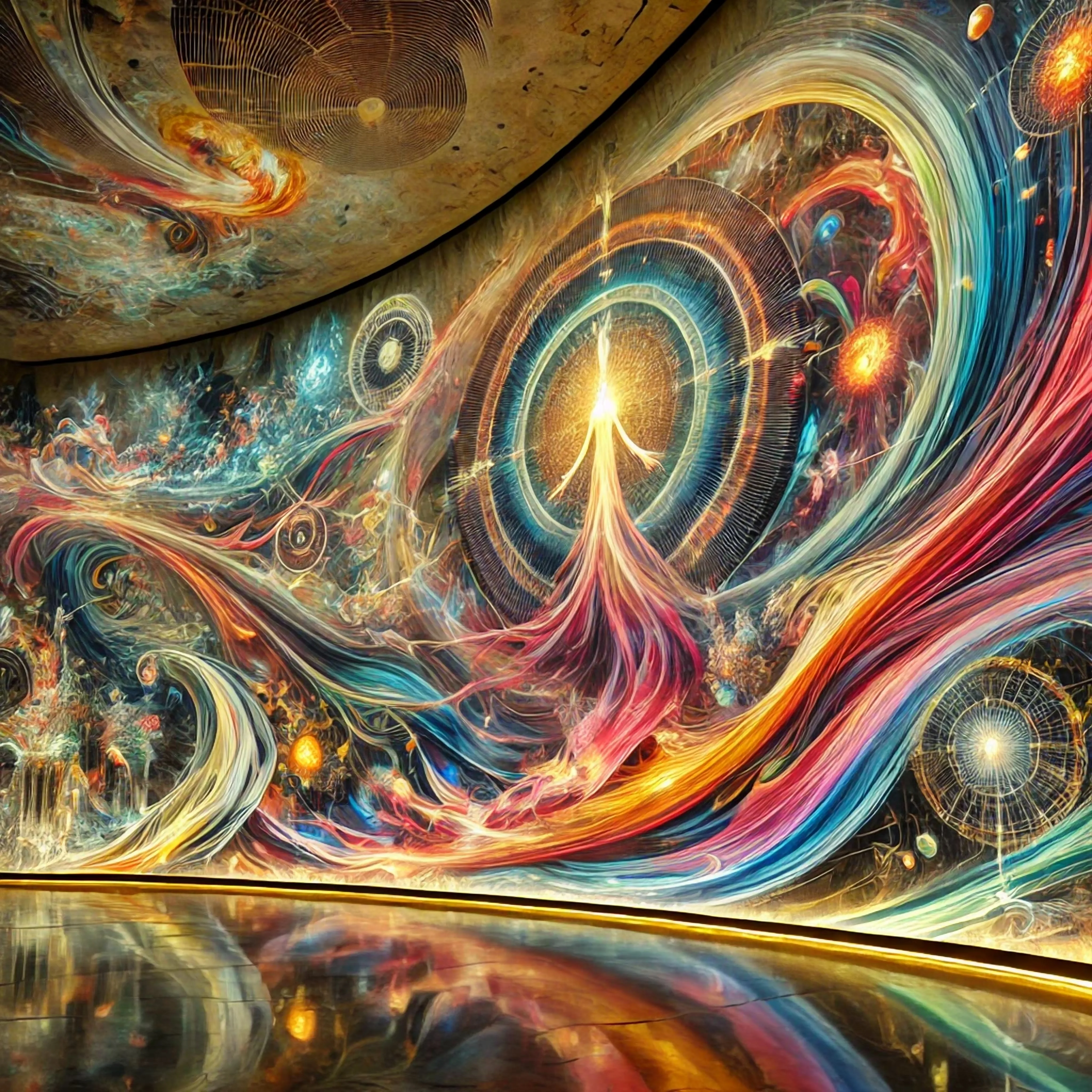 A vast swirling wall of colour and light, galaxies of red, gold and blue flowing across a curved chamber, reflected in a mirrored floor