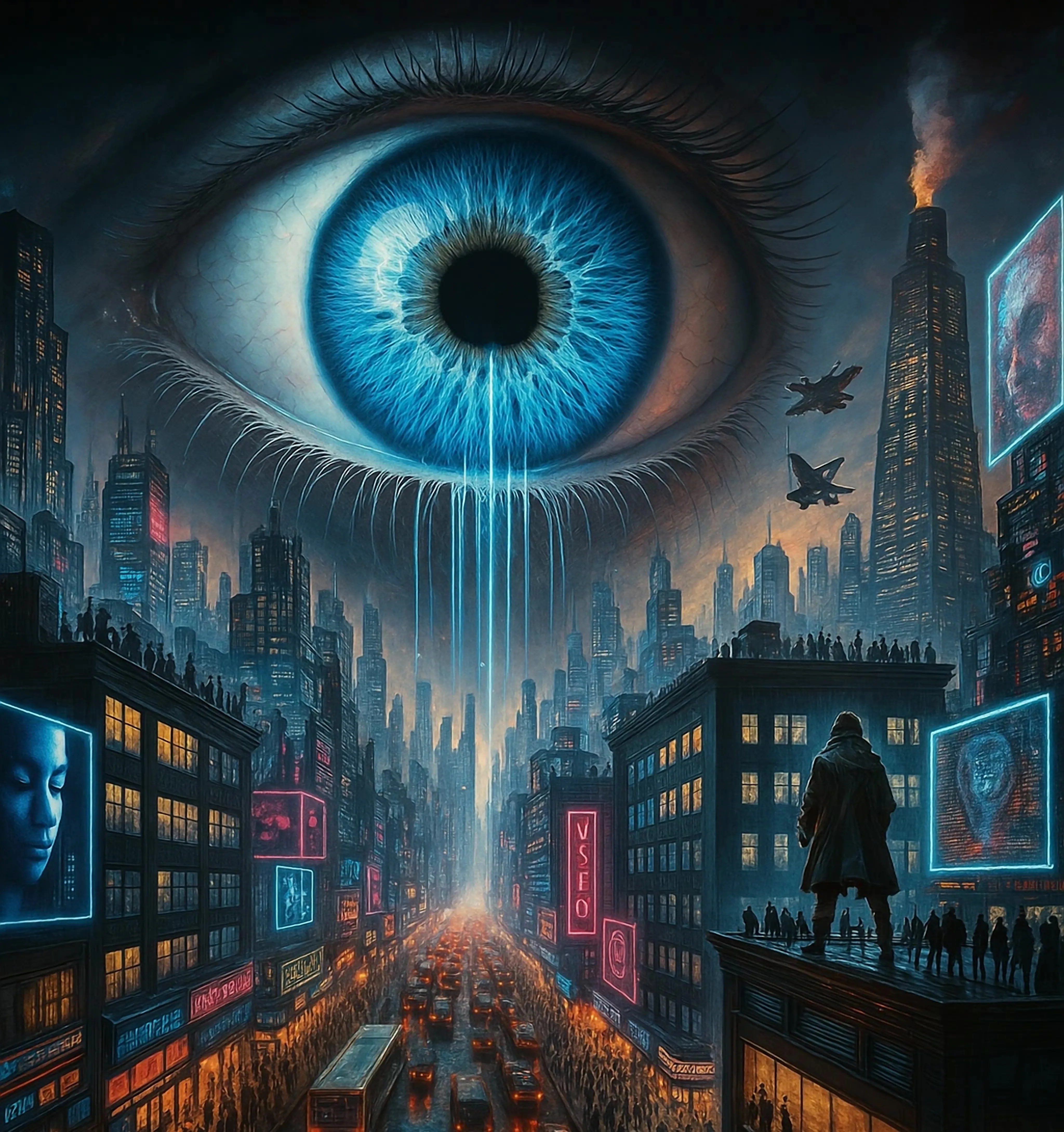 A vast cybernetic eye watching over a neon megacity, screens of watching faces embedded in the skyline
